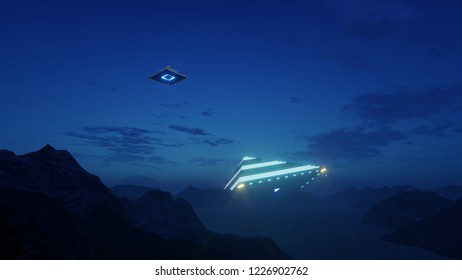 3d render UFO in the shape of a pyramid over the sea and mountains