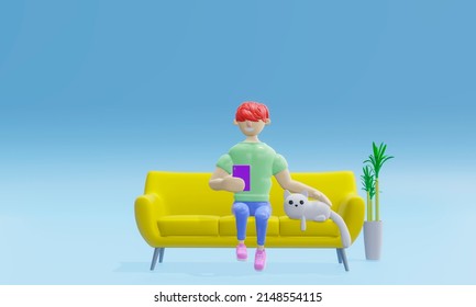 3d Render. Ugly Character Sits On The Couch, Looks At The Phone And Strokes A Very Cute Cat