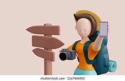 3d Render. Ugly Girl Tourist Shows Phone Screen. Arrows On The Background