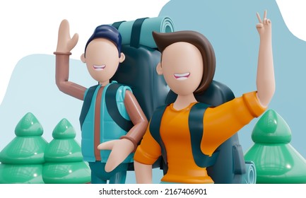 3d Render. Ugly Guy And Girl Tourists Rejoice And Wave Their Hands