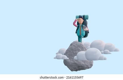 3d Render Ugly Guy Tourist With A Backpack Climbed To The Top Of The Mountain And Looks Into The Distance