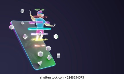 3d render. Ugly man flies out of the phone screen in vr glasses