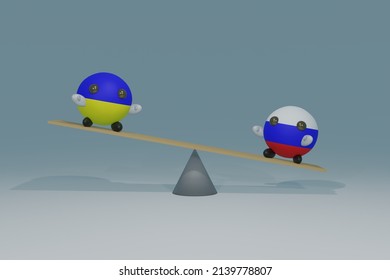 3D Render Of Ukraine Vs Russia On A See Saw