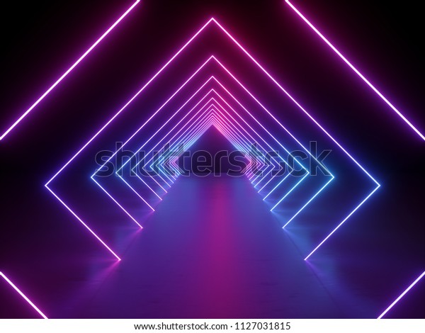 3d\
render, ultraviolet neon square portal, glowing lines, tunnel,\
corridor, virtual reality, abstract fashion background, violet neon\
lights, arch, pink blue vibrant colors, laser\
show