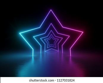 3d Render, Ultraviolet Neon Star Shape, Glowing Lines, Virtual Reality, Portal, Tunnel, Abstract Fashion Background, Violet Neon Lights, Arch, Pink Blue Spectrum Vibrant Colors, Laser Show