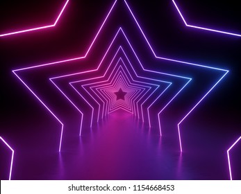 3d Render, Ultraviolet Neon Star Shape, Glowing Lines, Portal, Tunnel, Virtual Reality, Abstract Fashion Background, Violet Neon Lights, Arch, Pink Blue Spectrum Vibrant Colors, Laser Show