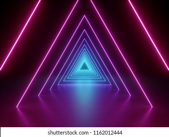 3d render, ultraviolet neon triangular portal, glowing lines, tunnel, corridor, virtual reality, abstract fashion background, violet lights, arch, pink blue triangle, vibrant colors, laser show