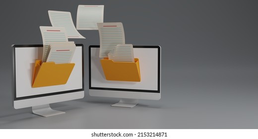 3D Render Uploading Desktop Documents From Folder To Folder. Open File Folder With Flying Blank Documents. Data Transfer Backup, File Sharing, Document Transfering Concept. Copy Space. 3d Rendering.