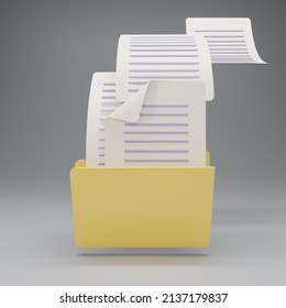 3D Render Uploading Documents From Folder. Open File Folder With Flying Blank Documents Isolated Gray Background. Data Transfer Backup, File Sharing, Document Transfering Concept. 3d Rendering.