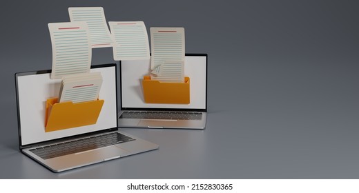 3D Render Uploading Laptop Documents From Folder To Folder. Open File Folder With Flying Blank Documents. Data Transfer Backup, File Sharing, Document Transfering Concept. Copy Space. 3d Rendering.