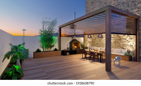 3D render of urban terrace with natural plants and teak wood flooring. Bioclimatic pergola with table, chairs and barbecue at twilight.