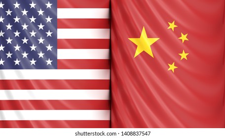 3d Render Of US America And China Flags. USA And China Trade Relations Concept 