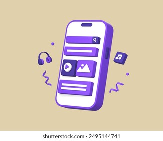 3D render of using smartphone for multimedia music video and content creation with headphone side for UI UX web mobile apps social media design