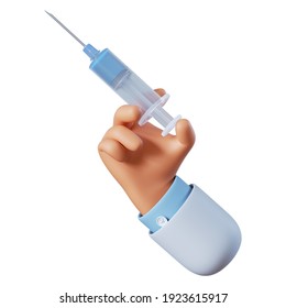 3d render. Vaccination icon. Doctor cartoon hand holds big syringe with vaccine against virus. Healthcare illustration. Medical clip art isolated on white background.