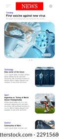 3D Render Vertical Screen: Online News Website Interface with Latest Articles About Important Events. Journalistic Stories About Technology, Medicine, Sport. Template For Smartphones, Mobile Devices.