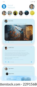 3D Render of Vertical Screen: Social Media App Feed With Pictures, Videos. Mock-up Of Social Network Application. White Software Interface Design Template For Smartphones and Mobile Devices.