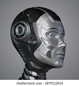 3D Render Of A Very Detailed Robot Face Or Technological Cyborg Head. Side View Isolated On Grey Background