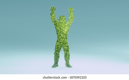 3D render of a victory pose of a man silhouette made of leaves, conceptualization of green revolution, sustainability and renewable resources supremacy