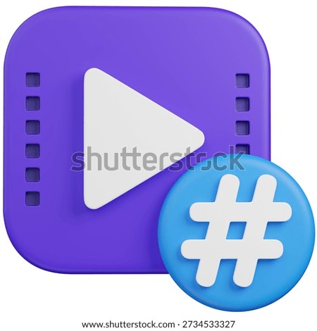 3D render Video Player with Hashtag Icon for Social Media Content