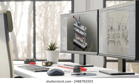 3D render: View of Mechanical engineer's desktop during use CAD design  the equipment and machine.3D illustration