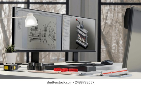 3D render: View of Mechanical engineer's desktop during use CAD design  the equipment and machine.3D illustration
