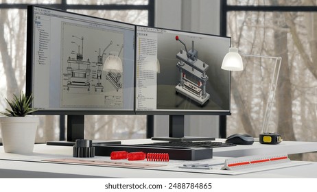 3D render: View of Mechanical engineer's desktop during use CAD software design  the equipment and machine.3D illustration
