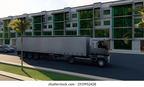 3D RENDER VIEW OF TRUCK ON ROAD PALM TREE  IN FROT OF APPARTMENT