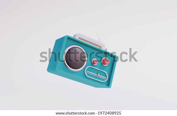 3d render of a vintage retro radio. Blue retro\
radio with a dynamic. Broadcast and podcasts concept. Top\
horizontal view\
copyspace