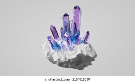 3d Render, Violet Blue Amethyst Crystals Growing On White Rock. Abstract Nugget Clip Art Isolated On White Background