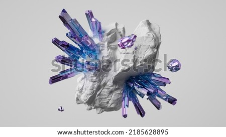 3d render, violet blue crystals growing on white rock. Abstract nugget clip art isolated on white background