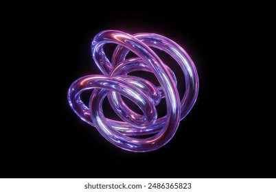 3d render. Violet glass tangled knot, flexible tube, reflecting neon light in dark space. Fantastic geometric object isolated on black background