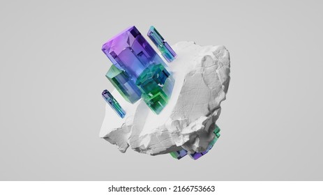 3d Render, Violet Green Tourmaline Amethyst Crystals Growing On White Rock. Abstract Nugget Clip Art Isolated On White Background