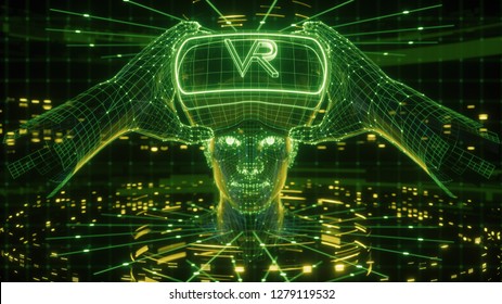 3D render of virtual man holding virtual reality glasses surrounded by virtual data with neon green lines and dots. Player begins the VR game. VR experience.