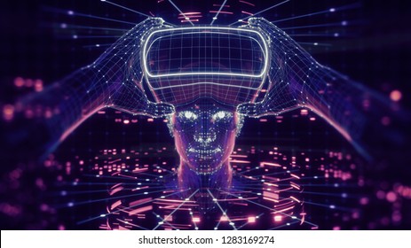 Representación 3D de un hombre virtual con gafas de realidad virtual rodeadas de datos virtuales con líneas ultravioletas neón. El jugador inicia el juego VR. Experiencia en RV.