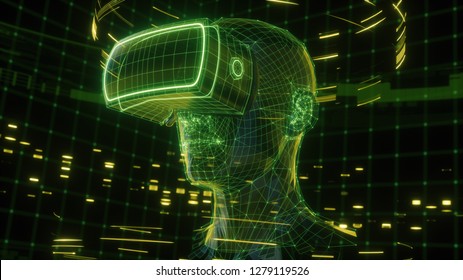 3D render of virtual man wearing virtual reality glasses surrounded by virtual data with neon green lines and dots. Player begins the VR game. VR experience.