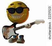 3D render of virtual model Emotiguy wearing sunglasses, tapping his foot, and playing a hot electric guitar.