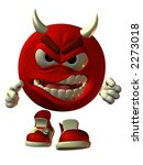 3D render of virtual model Emotiguy as an angry red devil with horns stepping aggressively toward the viewer.