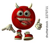 3D render of virtual model Emotiguy as zany, grinning red devil giving a thumbs up with his tongue hanging out.