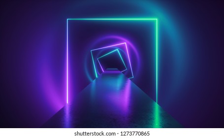 3d Render, Virtual Reality Environment, Neon Light, Square Portal, Tunnel, Ultraviolet Spectrum, Abstract Background, Laser Show, Fashion Podium, Path, Way, Road, Stage, Floor Reflection