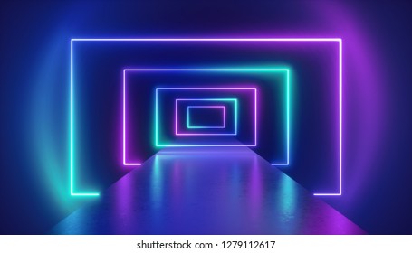 3d Render, Virtual Reality Environment, Neon Light, Rectangular Portal, Tunnel, Ultraviolet Spectrum, Abstract Background, Laser Show, Fashion Catwalk Podium, Path, Way, Stage, Floor Reflection