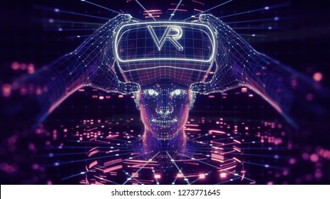 3D render, visualization of a man wearing virtual reality glasses, electronic head device, avatar, virtual data, ultraviolet grid, neon light. User interface. Player one ready for the game.
