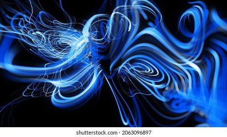 3d Render. Visualization Of Neural Network Operation Bg. Abstract Lines Of Light Streaks In Air. Stream Of Lines Forms Curled Blue Lines Like Glow Light Trails. Swirling Pattern Like Curle Noise.