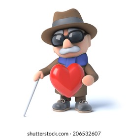 3d Render Of A Visually Impaired Senior Citizen Holding A Red Heart