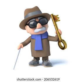 3d Render Of A Visually Impaired Senior Citizen Holding A Gold Key