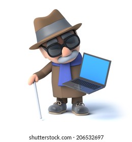 3d Render Of A Visually Impaired Senior Citizen Holding A Laptop Pc