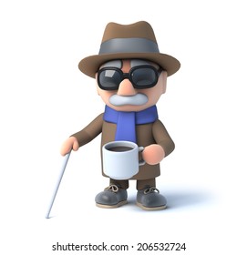 3d Render Of A Visually Impaired Senior Citizen Drinking A Cup Of Coffee