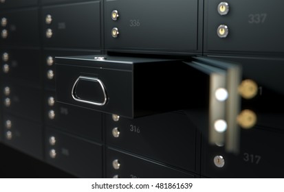 A 3D Render Of A Wall Of Black Numbered Metal Safe Deposit Boxes In A Vault With One Opened Revealing Its Contents Inside

