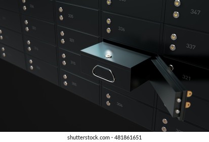 A 3D Render Of A Wall Of Black Numbered Metal Safe Deposit Boxes In A Vault With One Opened Revealing Its Contents Inside

