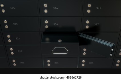 A 3D Render Of A Wall Of Black Numbered Metal Safe Deposit Boxes In A Vault With One Opened Revealing Its Contents Inside

