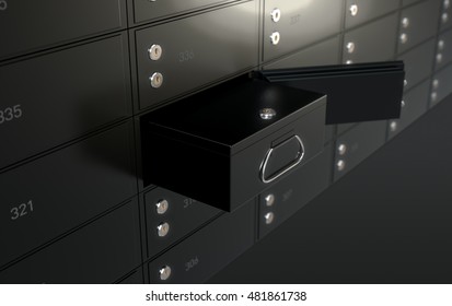 A 3D Render Of A Wall Of Black Numbered Metal Safe Deposit Boxes In A Vault With One Opened Revealing Its Contents Inside

